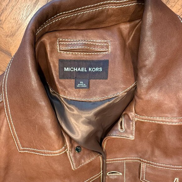 Michael Kors Leather Trucker /Jean Jacket Style Brown w. White stitching XL - Picture 3 of 5